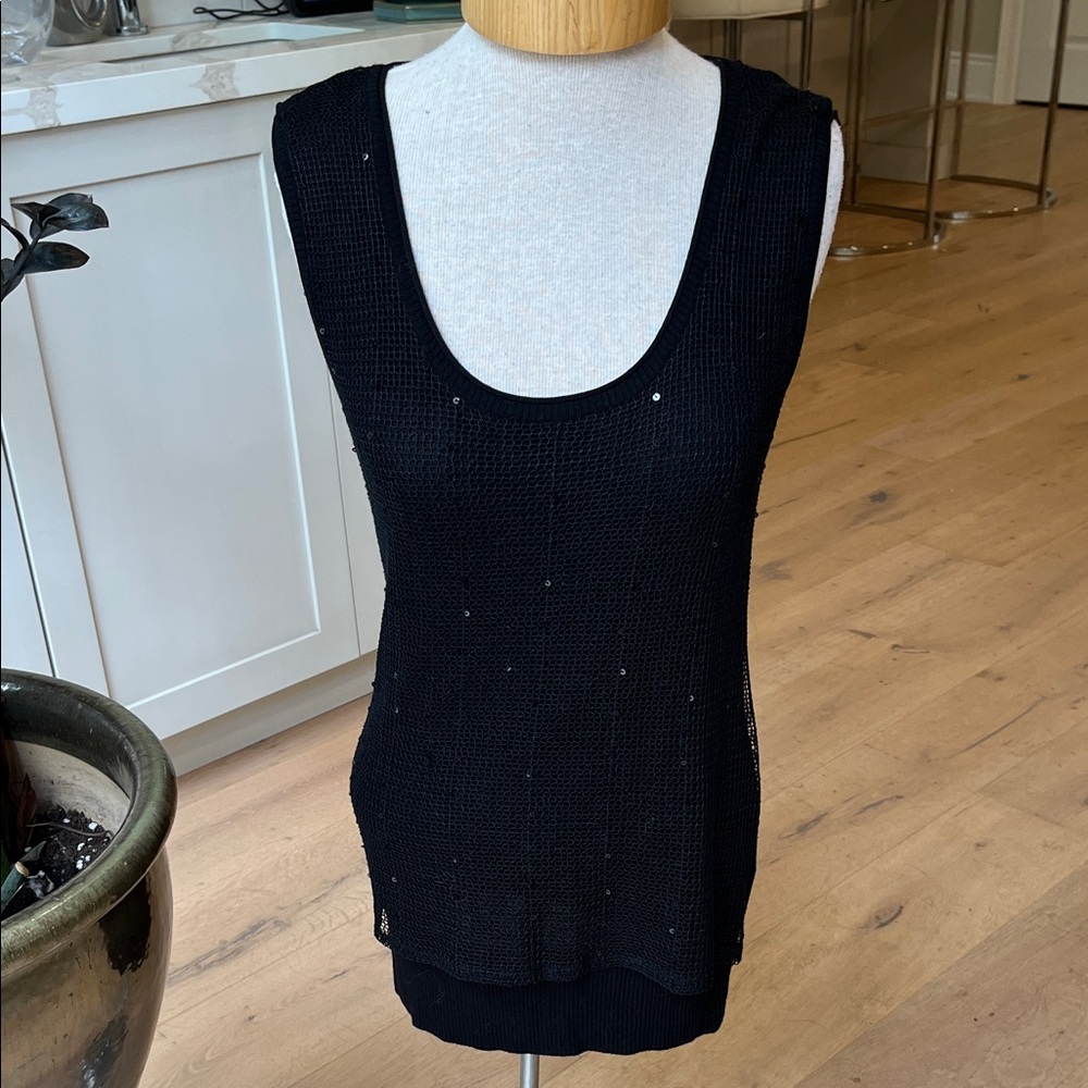 EUC Rudsak sleeveless black tunic length blouse with sequinned mesh overlay